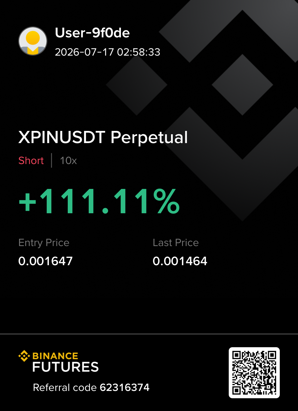 XPINUSDT short 수익 카드